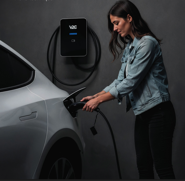 Cliente branchant le câble de sa borne de recharge murale sur son véhicule électrique